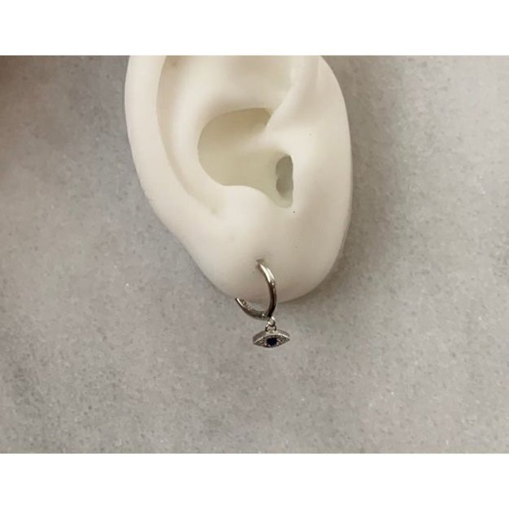 New Drop! Sterling Silver Huggie Hoop Crystal Evil Eye Dangle Earrings Brand New - Picture 2 of 4